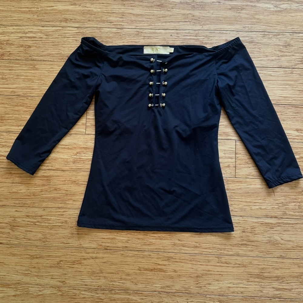Off-Shoulder Black Women’s Top with Decorative Front gold Buttons